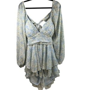Altar'd State Dainty Yellow Blue Pastel Floral Open Back Romper Cottage Large